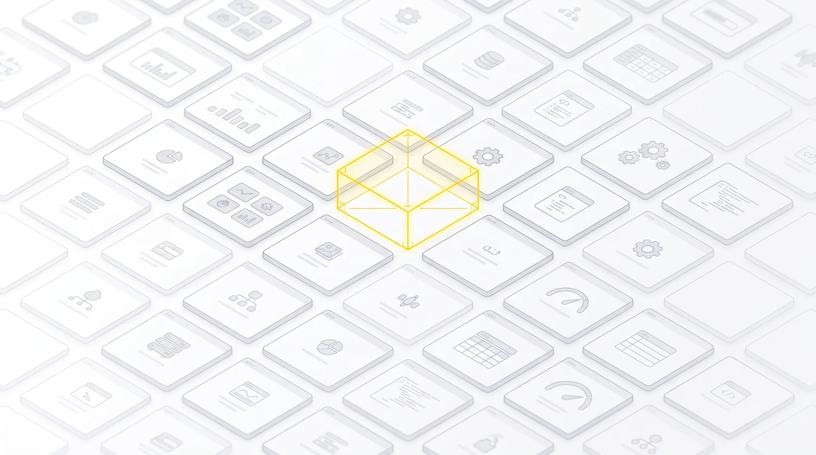 Minimal grid layout with one yellow wireframe highlighting a missing module slot